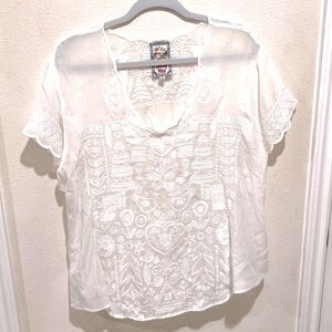 🌹Johnny Was NWOT Beautiful Sheer White Embroidered XL Top!